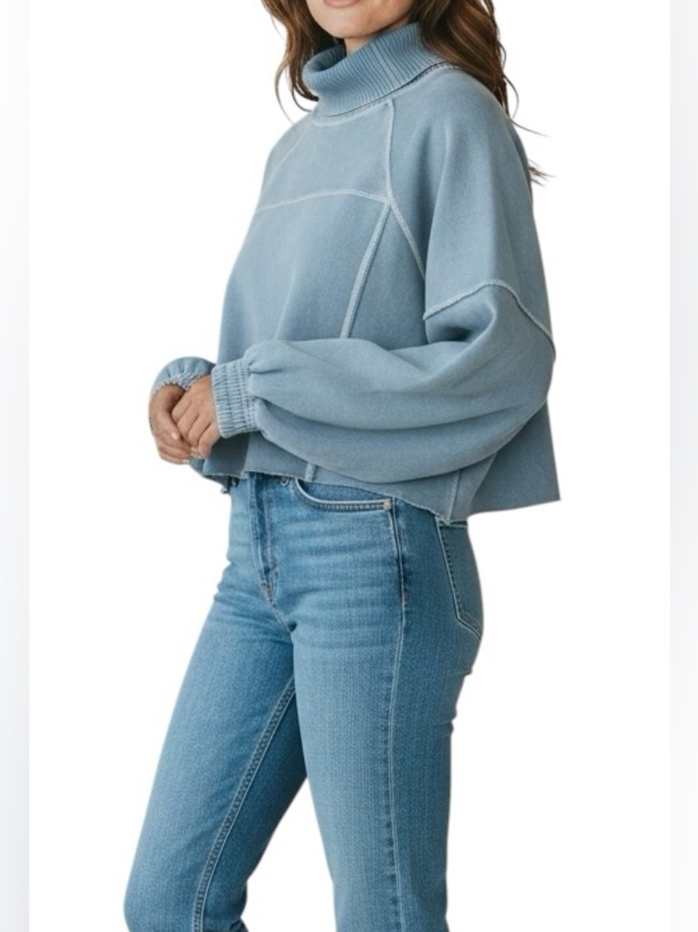AERIE New Heights Light Blue Turtle Neck Cropped Sweatshirt Medium
